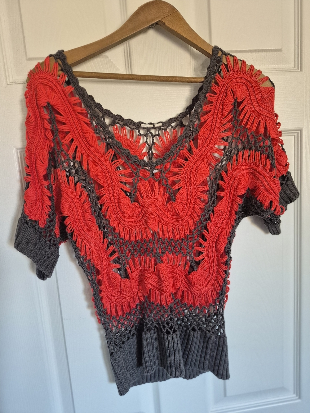 Crochet Open-Knit Short Sleeve Sweater in Coral Red & Charcoal